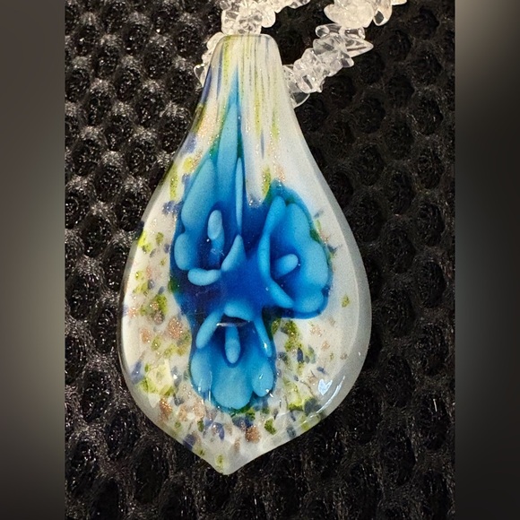 Delicate Floral Teardrop Glass Pendant Necklace with Vibrant Blue Flowers - Picture 8 of 12